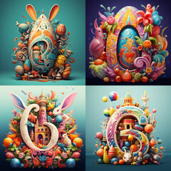 Decorative colorful concept set of Happy Easter illustration, egg for design postcard, greeting card