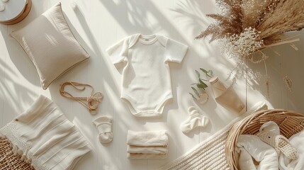 A minimalist top view mockup with essential newborn accessories. 