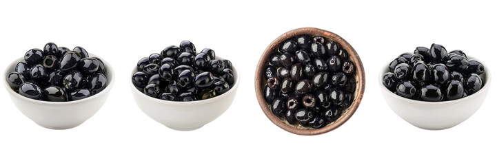 Set of a black pitted olives in a wide bowl on a transparent background - obrazy, fototapety, plakaty
