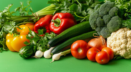 Pile of organic farm grown ripe vegetables on green background.