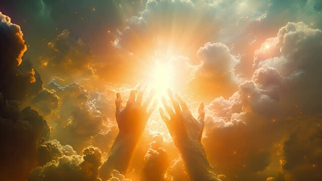 Hands of god or Jesus Christ in the clouds. Human hands open palm up worship. Eucharist Therapy Bless God Helping Repent Catholic Easter Lent Mind Pray. Christian Religion concept background. fighting
