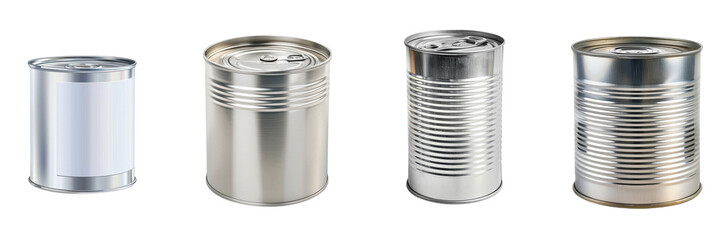 Set of a tin can with a blank label isolated on a transparent background