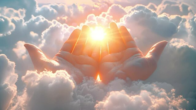 Hands of god or Jesus Christ in the clouds. Human hands open palm up worship. Eucharist Therapy Bless God Helping Repent Catholic Easter Lent Mind Pray. Christian Religion concept background. fighting