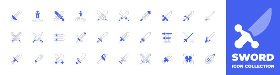 Sword icon collection. Duotone style line stroke and bold. Vector illustration. Containing weapon, shield, sabre, sword, fencing, swords.