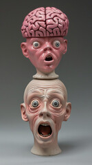 A pink brain is stacked on top of two human heads The head has an open mouth and big eyes with a g