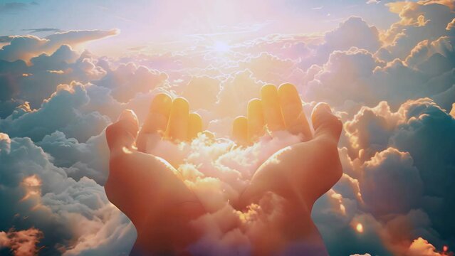 Hands of god or Jesus Christ in the clouds. Human hands open palm up worship. Eucharist Therapy Bless God Helping Repent Catholic Easter Lent Mind Pray. Christian Religion concept background. fighting