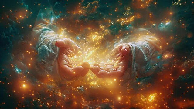 Hands of god or Jesus Christ in the clouds. Human hands open palm up worship. Eucharist Therapy Bless God Helping Repent Catholic Easter Lent Mind Pray. Christian Religion concept background. fighting