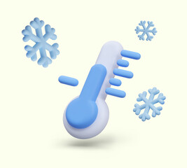 Low temperature concept. Blue thermometer, falling snowflakes