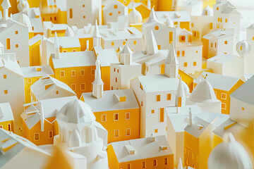 beautiful old town made with cubes and triangles and balls, minimalistic editorial website baner for innovation sustainable design contest, white and yellow, interference - obrazy, fototapety, plakaty