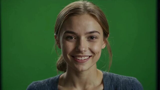 Beautiful young woman smiling while looking at the camera on a green screen background