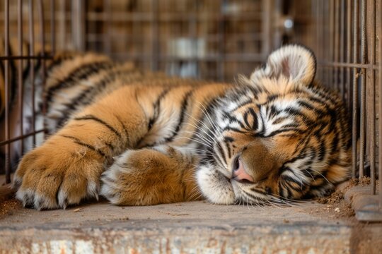 Serene Sleeping Tiger Cub Resting Peacefully Inside Cage with Soft Fur and Stripes