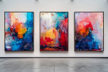 Vibrant Abstract Art Exhibition on Gallery Wall Colorful Paintings Display - obrazy, fototapety, plakaty