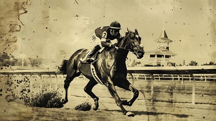 A vintage-style illustration of a racehorse crossing the finish line in first place.