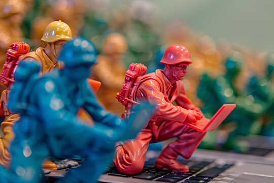 Modern warfare - toy soldiers using laptops.