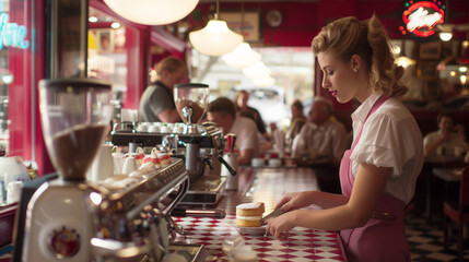 Inside a 1950s Americana diner, a waitress in uniform serves cake beside a coffee cup, with patrons...