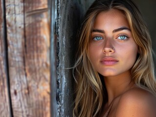 Fototapeta premium Close-up portrait of a beautiful young Latina woman with green eyes, looking in the camera. Freckles on her face.