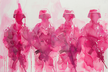 Pink watercolor painting of a group of soldiers in combat equipment - obrazy, fototapety, plakaty