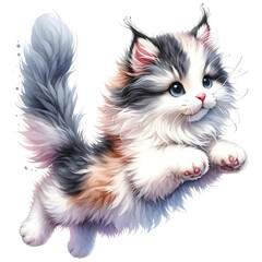 Fototapeta na wymiar cat in a jumping pose cute watercolor