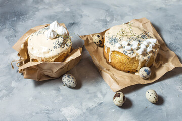 Easter egg and cake on grey concrete table. Happy easter backdrop for spring holiday