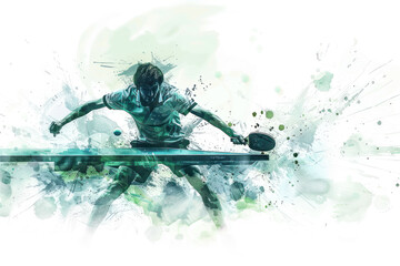 Green watercolor painting of table tennis player in action on match