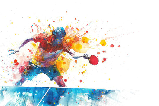 Colorful watercolor painting of table tennis players in action on match