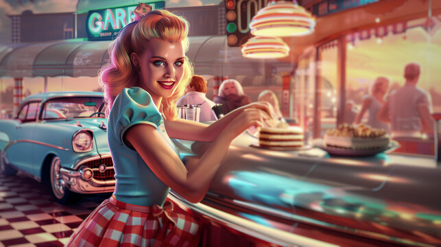 Inside a 1950s Americana diner, a waitress in uniform serves cake beside a coffee cup, with patrons and classic cars visible outside.