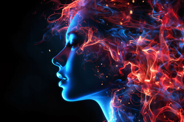 A girl's face surrounded by abstract shapes of red smoke on a dark background - 768612355