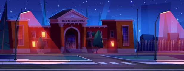 Tafelkleed High school building facade at night. Cartoon vector dark city landscape with schoolhouse with red walls and light in windows, green grass and trees on yard, path to entrance and road with crosswalk. © klyaksun