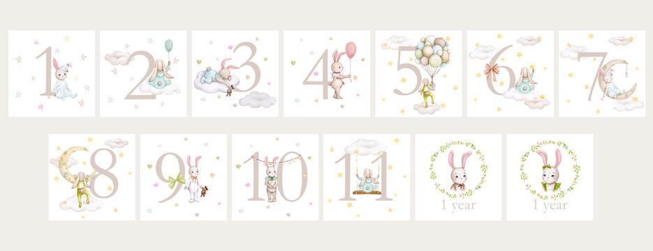 Set of of baby milestone cards. 12 months. Newborn boy or girl. Watercolor baby month anniversary card. Capture all the special moments of little one’s in their first year. One year old child..