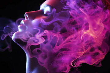 A girl's face surrounded by abstract shapes of pink smoke on a dark background - 768612754