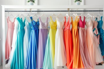 bright bridal shop with colorful dresses on a white rack