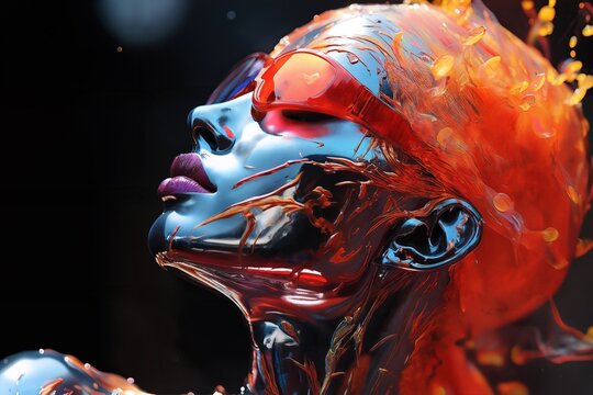 woman with red glasses and a fire painted body is looking up at something in the air, 3D render, computer art
