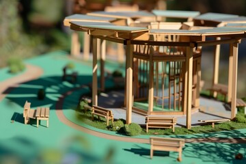 wooden model pavilion on a green base with benches and paths - obrazy, fototapety, plakaty