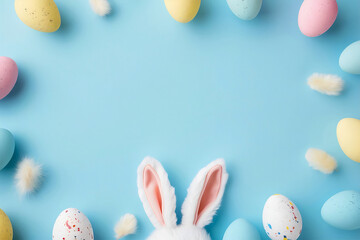 Bunny ears, cute and fluffy on a baby blue background and decorative colorful eggs. - obrazy, fototapety, plakaty