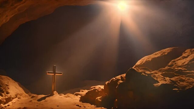 A symbolic representation of resurrection and hope, featuring a cross centrally placed within an open tomb. The scene is illuminated by radiant beams of light piercing through the tomb, set against th