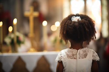 Black girl in formal white attire standing at the church altar with lit candles and a crucifix....