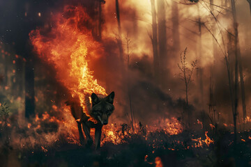 A wolf on fire tries to get out of a forest fire and smoke