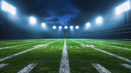 Football field illuminated by stadium lights . Generative Ai - obrazy, fototapety, plakaty