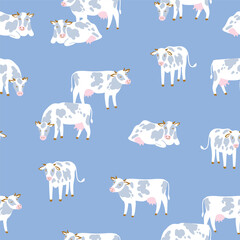 Vector cow seamless pattern. Cute cattle on blue background.  Cow illustration for repeated fabric design. 