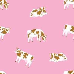 Vector cow seamless pattern. Cute cattle on pink  background.  Cow illustration for repeated fabric design. Simple and stylish farming pattern design. - obrazy, fototapety, plakaty