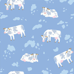 Vector cow seamless pattern. Cute cattle on blue background.  Cow illustration for repeated fabric design.  - obrazy, fototapety, plakaty