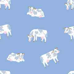 Vector cow seamless pattern. Cute cattle on blue background.  Cow illustration for repeated fabric design. 
