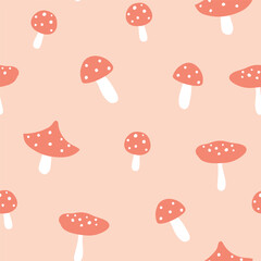 Fly agaric seamless pattern. Pink mushroom pattern design. Vector autumn forest illustration. Simple design for kids cloths.
