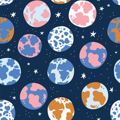 Cosmos seamless pattern for kids fabric or wallpaper. Planets and stars repeated background in hand-drawn style. - 768613763