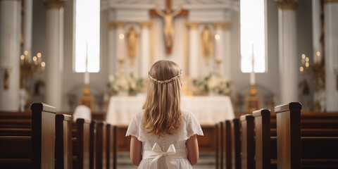 Girl with pale skin in a white gown standing at the church altar with candles and a crucifix. Back...