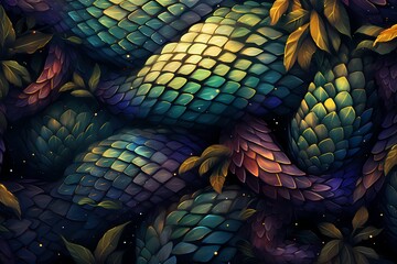 Snake scales glistening in the moonlight, forming a seamless pattern in the mysterious jungle