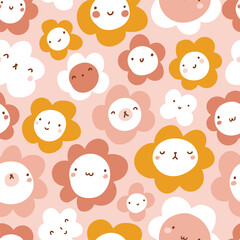 Happy and cute faces seamless pattern in hand-drawn style. Vector floral endless texture. Pink flower seamless pattern for kids fabric design.  - 768613911