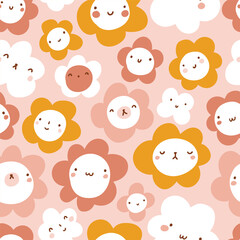 Happy and cute faces seamless pattern in hand-drawn style. Vector floral endless texture. Pink flower seamless pattern for kids fabric design. 