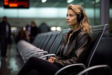 Woman sitting in the airport waiting for her flight while listening to music