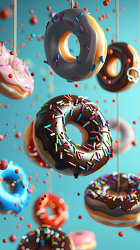The suspended donuts in the illustration form an office wallpaper, with different colors of chocolate and sprinkles on them The light blue background